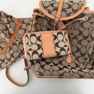 Coach Signature Bundle — Backpack, Wallet, Bucket Hat, Ring & Earrings